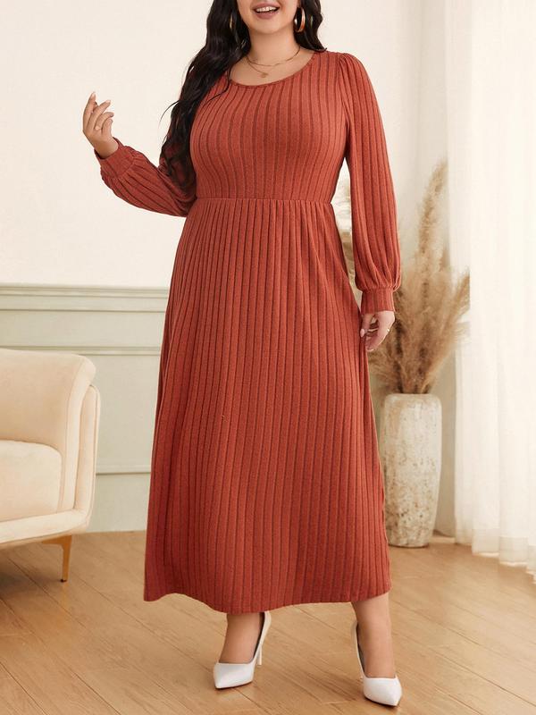 CURVZY Plus Size Solid Bishop Sleeve Ribbed A Line Dress, Casual Long Sleeve Round Neck Dress for Fall & Winter, Women's Clothes for Daily Wear