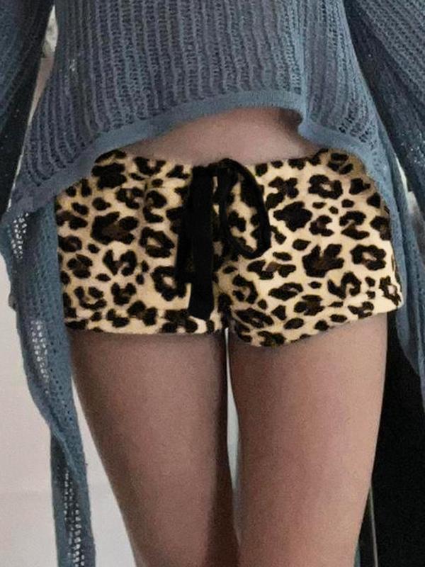 Women's Leopard Print Tie Front Plush Shorts, Casual Comfy Shorts for Fall & Winter, Women's Bottoms for Daily Wear