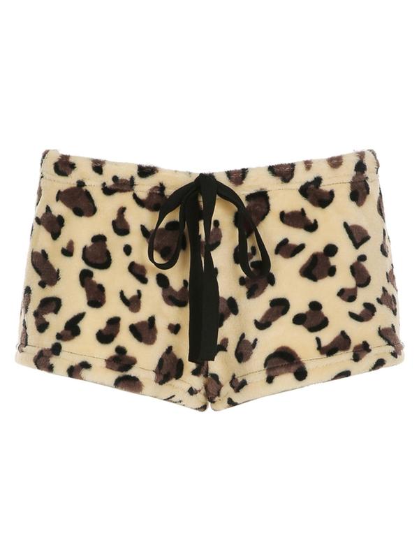 Women's Leopard Print Tie Front Plush Shorts, Casual Comfy Shorts for Fall & Winter, Women's Bottoms for Daily Wear