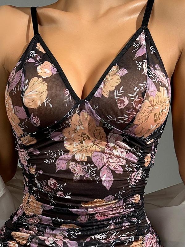 Women's Floral Print Ruched Ruffle Hem Cami Nightdress, Adjustable Spaghetti Strap Backless Mesh Nightgown, Soft Comfortable Sleepwear for Women