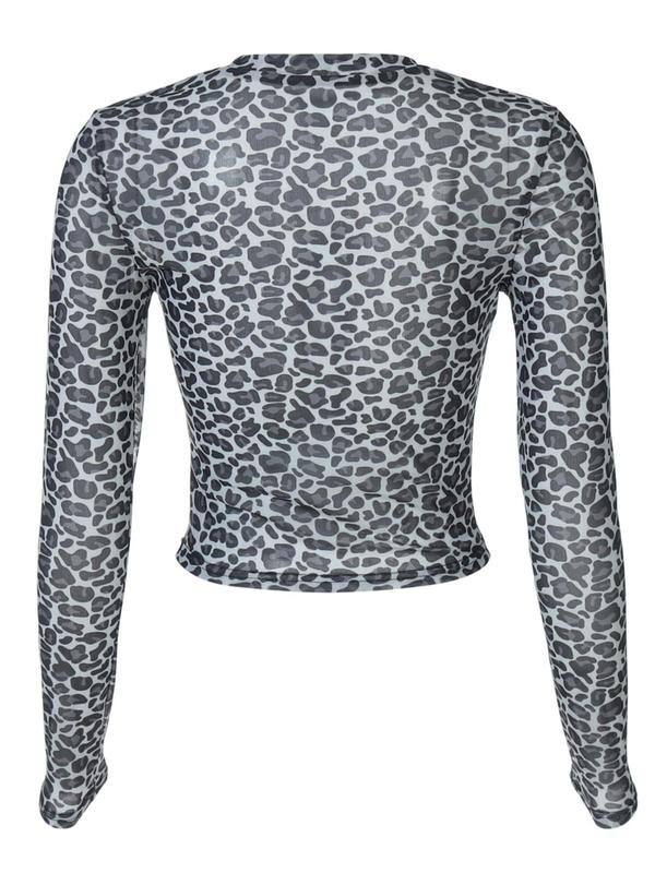 Women's Leopard Print Sheer Crop Tee, Fashion Casual Crew Neck Long Sleeve T-shirt for Daily Outdoor Wear, Women Tops, Vintage Graphic Tees, Fall Outfits, Fallfreshness, Downtown Girl Clothes Longsleeves