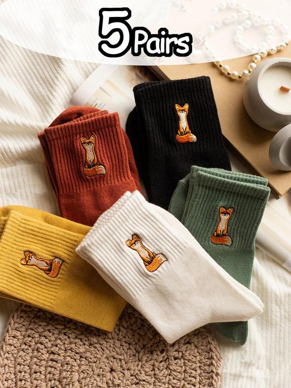 Women's Cute Cartoon Fox Embroidery Crew Socks, Casual Soft Comfy Breathable Socks for Daily Wear, Women's Socks for All Seasons