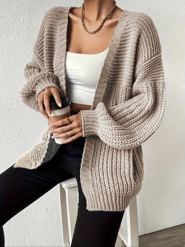 Women's Solid Color Drop Shoulder Long Sleeve Cardigan, Casual Open Front Knitwear for Fall & Winter, Women's Knit Clothing for Daily Wear