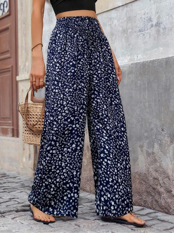  Ditsy Floral Print Tie Front Wide Leg Pants, Boho Shirred High Waist Trousers for Beach Vacation Holiday, Pants for Women, Summer Pants, Women's Bottoms Black Girl Outfits