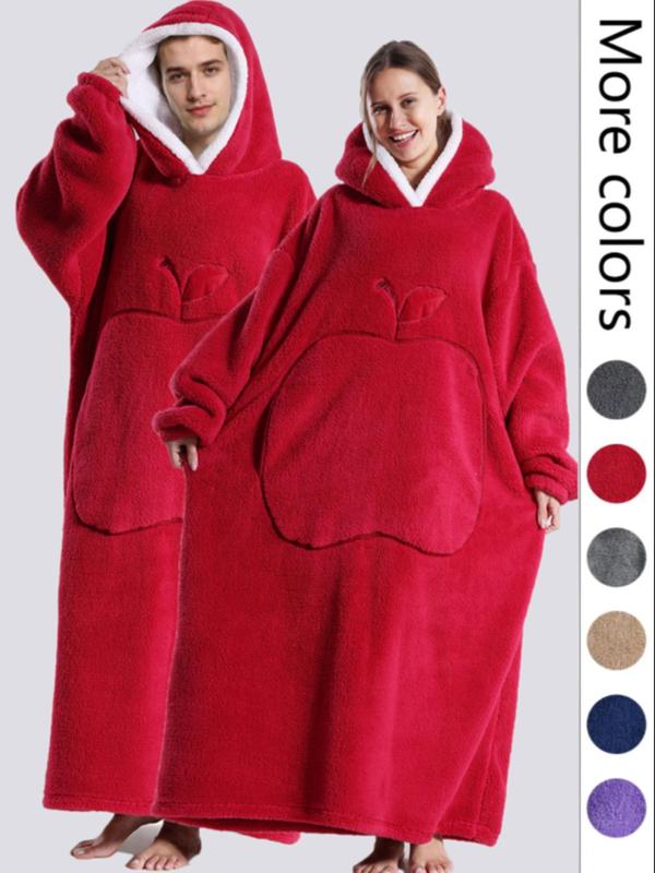 Couple's  Fruit Shaped Pocket  Drop Shoulder Fleece Hooded Robe, Casual Long Sleeve Hooded Blanket, Sleepwear & Loungewear  for Couple