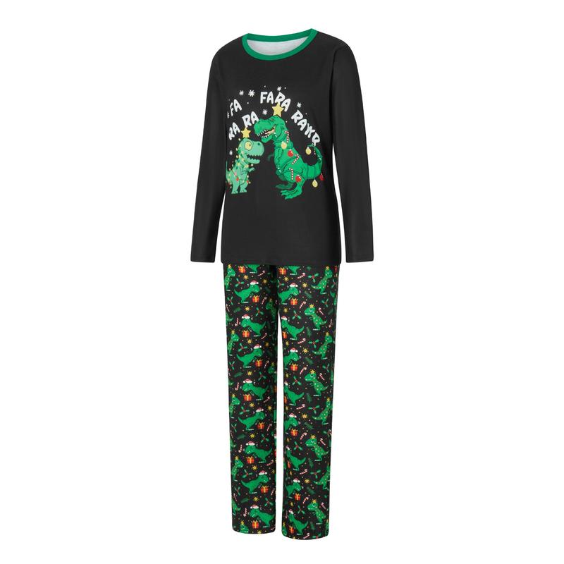 Black Green Matching Christmas Pajamas For Family Black Long Sleeve Letter Print Tops and Dinosaur Print Pants Sleepwear