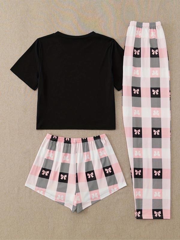 Three-Piece Set Women's Bowknot & Plaid Print Pyjama Set, Short Sleeve Round Neck Tee & Elastic Waist Shorts & Pants Lounge Set, Women's Sleepwear for Summer