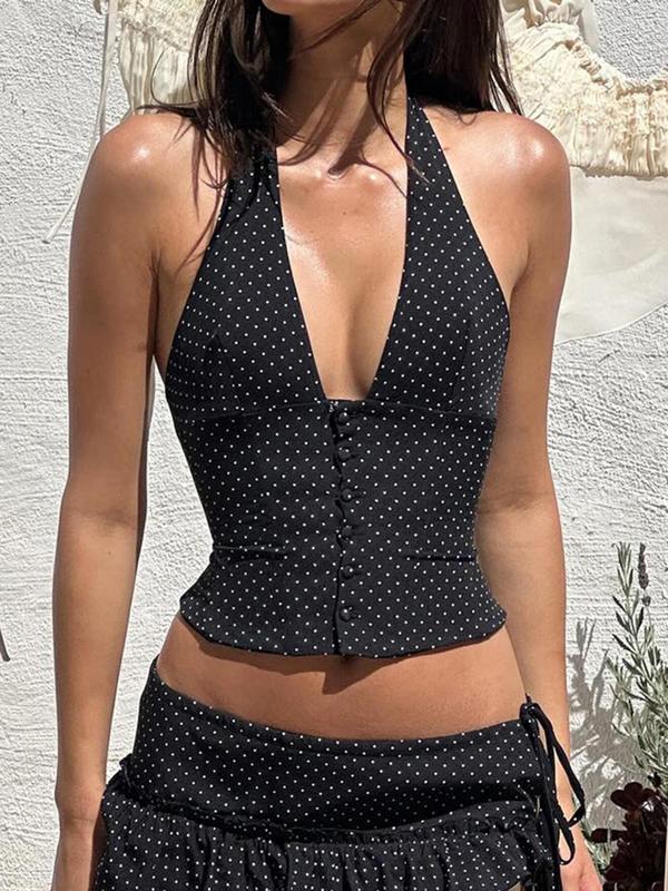 Women's Polka Dot Print Backless Button Front Crop Tank Top, Casual Tie Back Deep V Neck Sleeveless Going Out Top for Summer, Ladies Y2K Clothes for Beach Holiday