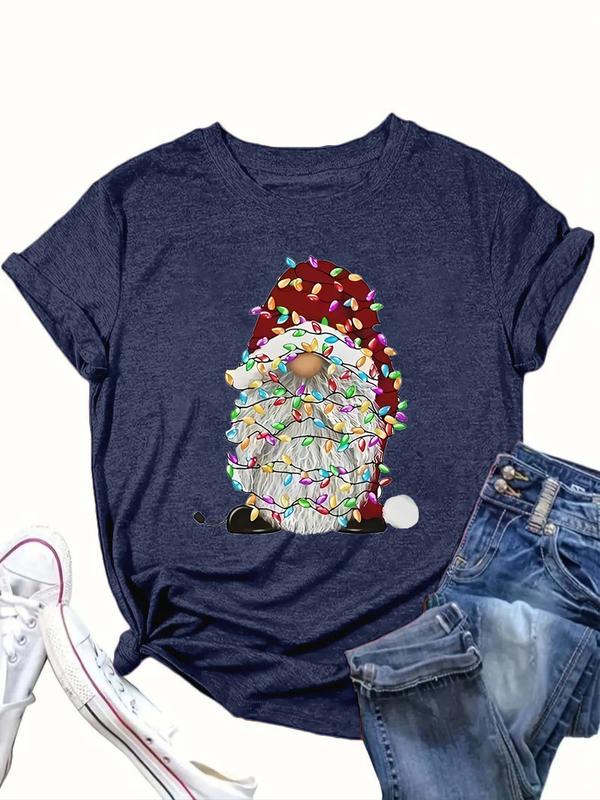  Christmas Print Round Neck Tee, Casual Short Sleeve Crew Neck T-Shirt for All Seasons, Women's Clothing for Daily Wear