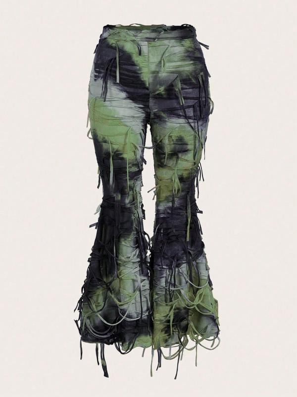  Tie Dye Print Ripped Flare Leg Pants, Fashion Casual Bell Bottom Trousers for Daily Outdoor Wear, Women Clothing for All Seasons