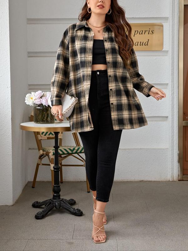  Plaid Print Button Front Drop Shoulder Shirt, Casual Long Sleeve Collared Blouse for Fall & Winter, Women's Clothes for Daily Wear