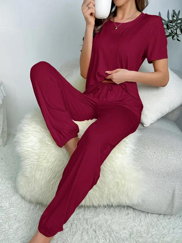 Women's Solid Tie Front Two-Piece Pyjama Set, Casual Round Neck Short Sleeve Tee & Elastic Waist Pants PJ Set, Ladies Summer Sleepwear for Daily Wear