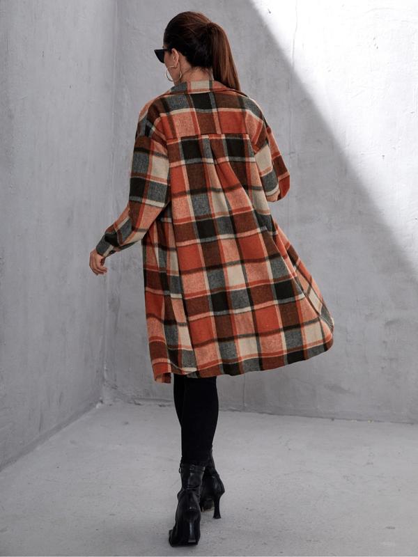 Womenswear Plaid Print Button Front Drop Shoulder Overcoat jacket, Casual Long Sleeve Flap Lady Pocket Outerwear for Fall & Winter,  Winter Clothes Women, Women's Clothing for Daily Wear