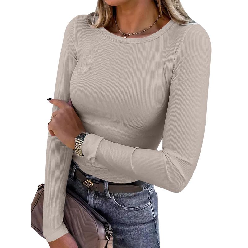 ANRABESS Women Long Sleeve Crewneck Rib Knit Slim Fit Shirts Basic Tee Tops 2024 Casual T-Shirt Going Out Workout Outfits