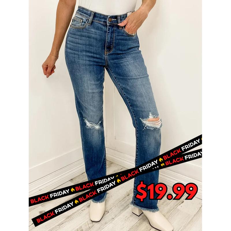 The Madison High Waist Distressed Knee and Fray Hem Straight Jean