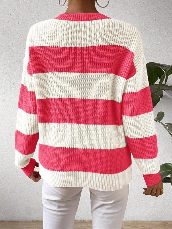 Women's Colorblock Striped Print Drop Shoulder Sweater, Casual Long Sleeve Round Neck Jumper for Fall & Winter, Fashion Ladies' Knitwear for Daily Wear