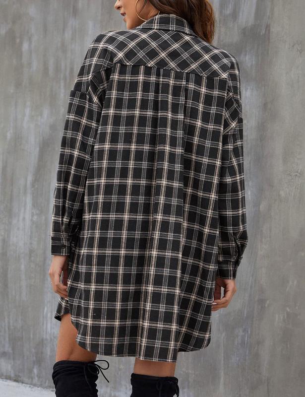 Zontroldy Women's Oversized Button Down Long Plaid Flannel Shirts Lapel Long Sleeve Check Jacket Shacket vintage tops Womenswear