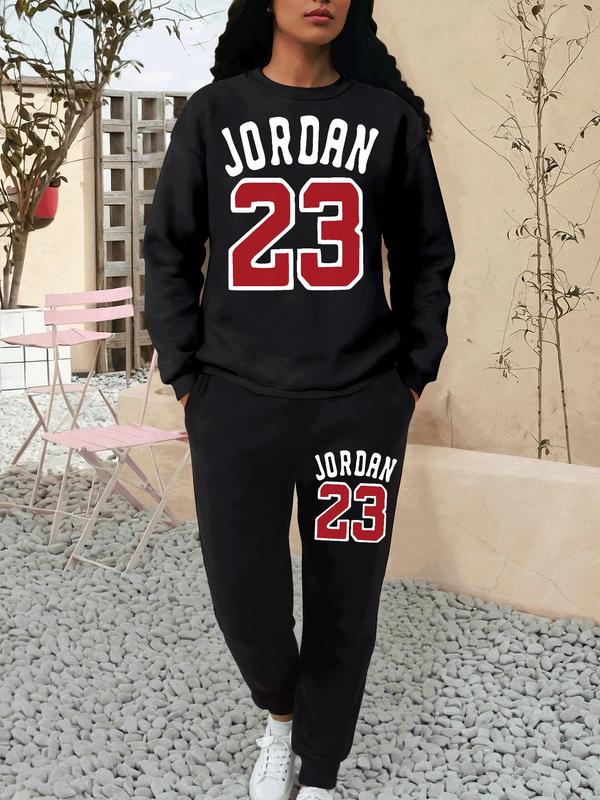 Women's Letter Number Print Sweatshirt & Pocket Sweatpants Set, Casual Round Neck Long Sleeve Pullover & Jogger Pants Sports Sweat Suit, Ladies Sportswear for Fall & Winter