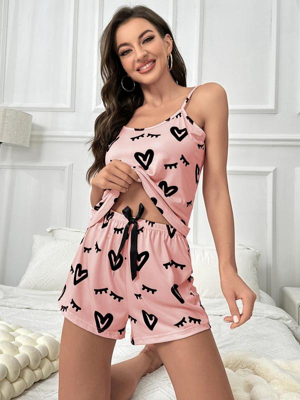 Two Pieces Women's Heart Eyelash Print Pyjama Set, Chic Cami Top & Bow Decor PJ Shorts, Summer Clothes Women, Summer Wear 2024, Women's Sleepwear Wear for Summer