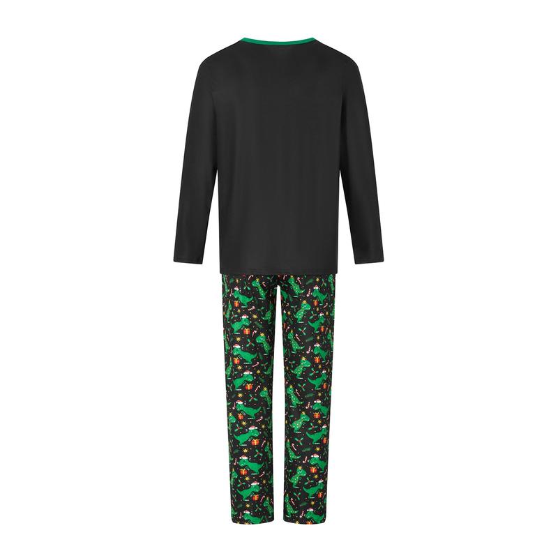 Black Green Matching Christmas Pajamas For Family Black Long Sleeve Letter Print Tops and Dinosaur Print Pants Sleepwear