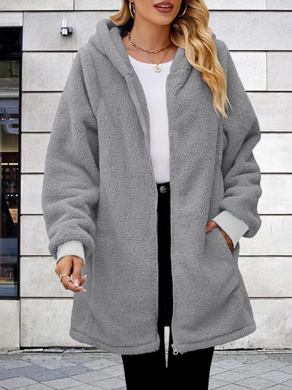  Solid Pocket Zip Up Hooded Coat, Casual Long Sleeve Plush Coat for Fall & Winter, Women's Clothes for Daily Wear