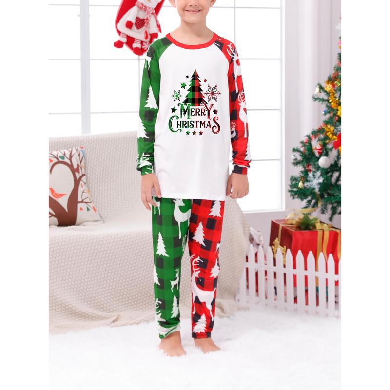 Christmas Family Pajamas Matching Set Christmas Tree Letter Print Long Sleeve Tops and Plaid Pants Sleepwear