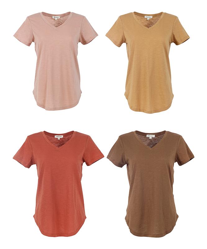 Urban Diction Casual V-Neck Plain Curved Hem Tee Packs- Set of Four, Multiple Color Combination Comfort Cotton Tops Fabric Womenswear Breathable