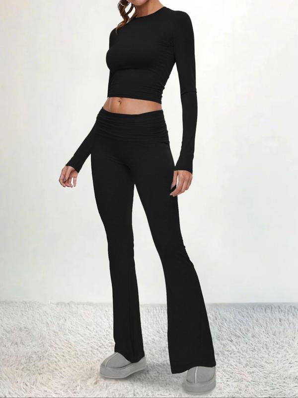 Women's Solid Long Sleeve Skinny Crop Top & Flare Leg Pants Loungewear Two-piece Set, Gym Outfits, Casual Comfy Round Neck Top & Bell Bottom Trousers Pj Set, Ladies Sleepwear for Spring & Fall, Black Girl Wear