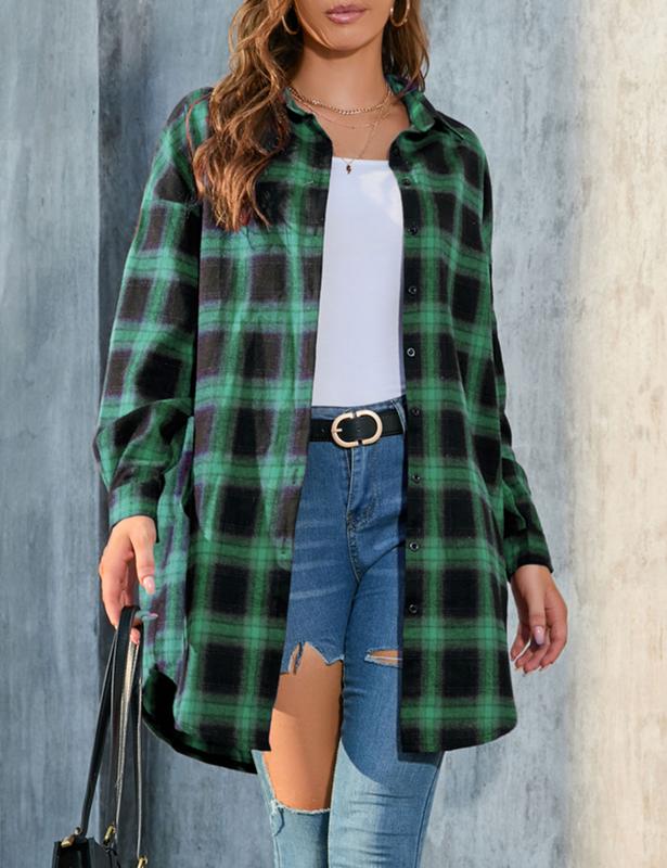 Zontroldy Women's Oversized Button Down Long Plaid Flannel Shirts Lapel Long Sleeve Check Jacket Shacket vintage tops Womenswear