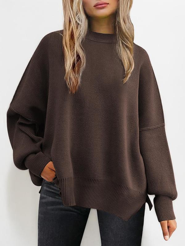 Women's Plain Split Hem Drop Shoulder Sweater, Casual Long Sleeve Round Neck Jumper for Fall & Winter, Fashion Ladies' Knitwear for Daily Wear