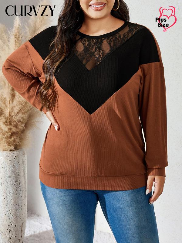 CURVZY Christmas Deals, Plus Size Patchwork Contrast Lace Drop Shoulder Tee, Casual Long Sleeve Round Neck T-shirt for Spring & Fall, Women's Clothing for Daily Wear, Christmas 2024 Trend, Fall & Winter Clothes