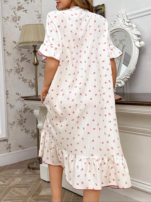  All Over Fruit Print Ruffle Trim Tie Front Nightdress, Casual Soft Comfortable Flounce Sleeve Nightgown for Women, Women's Sleepwear for All Seasons