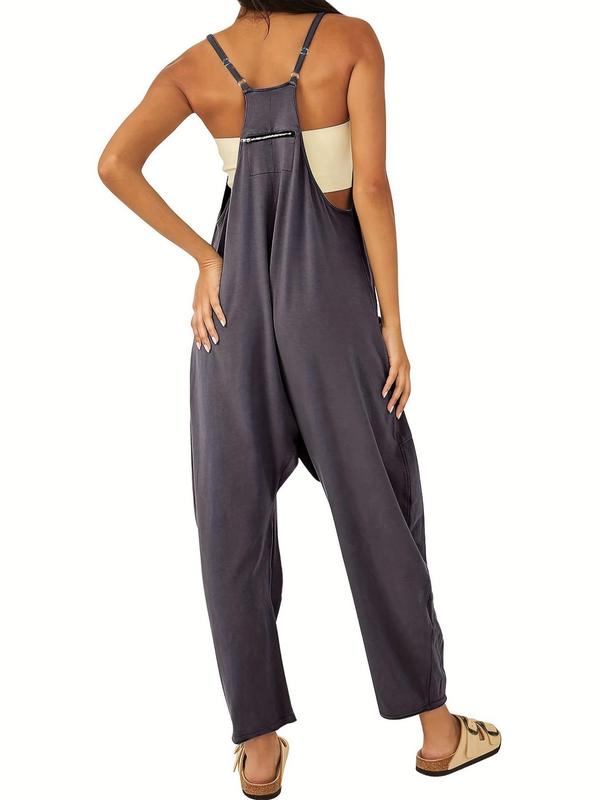 Women's Solid Backless Pocket Cami Jumpsuit, Casual Sleeveless Spaghetti Strap Jumpsuit for Summer, Women's Jumpsuit for Daily Wear