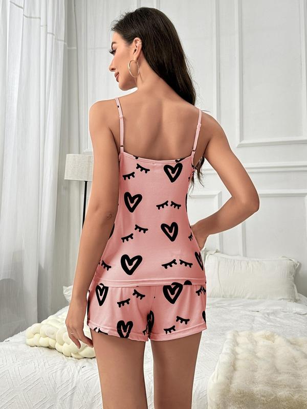 Two Pieces Women's Heart Eyelash Print Pyjama Set, Chic Cami Top & Bow Decor PJ Shorts, Summer Clothes Women, Summer Wear 2024, Women's Sleepwear Wear for Summer