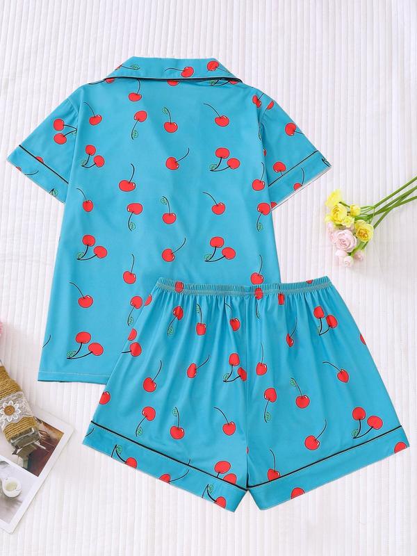 2 Piece Set Women's All Over Cherry Print Lapel Collar Pocket Shirt & Elastic Waist Shorts Pyjama Set, Casual Comfortable Contrast Binding Button Front Top & Shorts Pj Set, Pajama Sets Women, Ladies Sleepwear for Summer