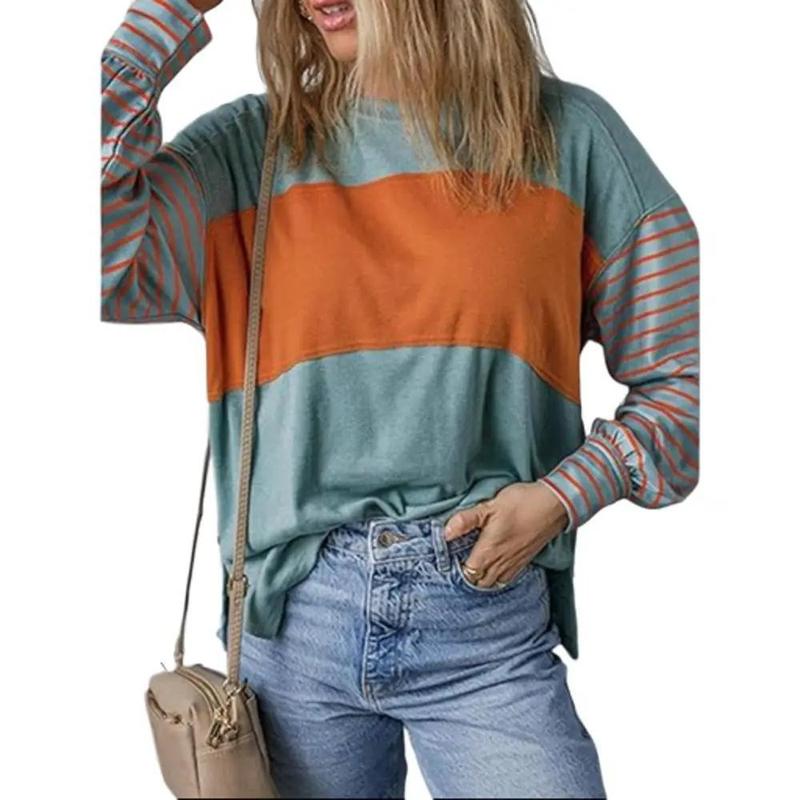 2 Pack Long Sleeve Fall Tops Oversized 2024 Trendy Round Crew Neck Casual Color Block Womens Shirts Blouses