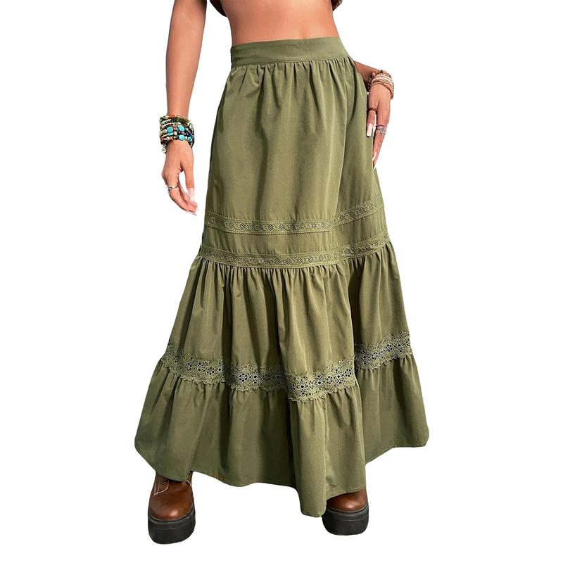 Women Long Skirt, Vintage Lace Patchwork Loose Summer Ladies Skirt for Casual Daily Fashion Light Womenswear Bottoms