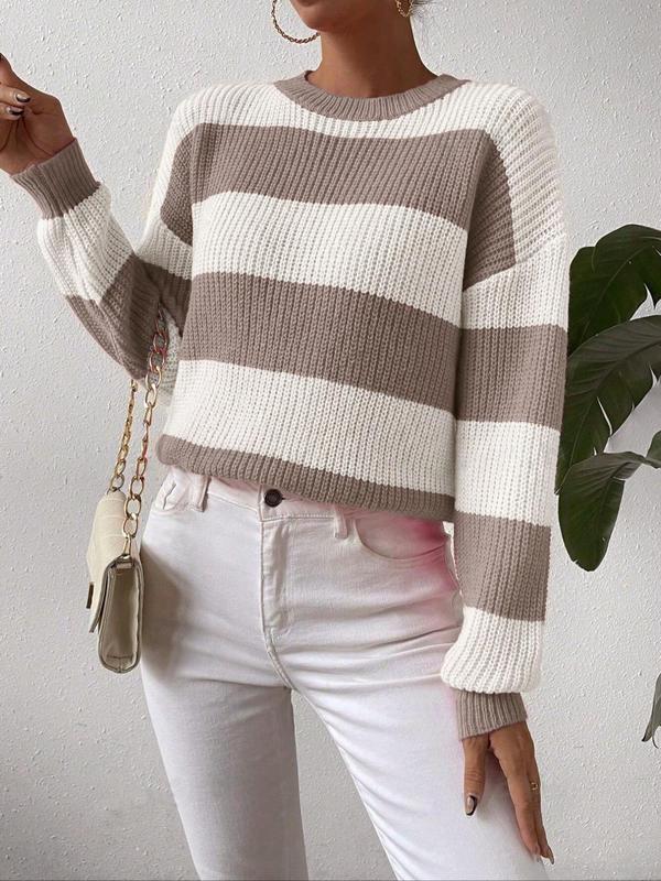 Women's Colorblock Striped Print Drop Shoulder Sweater, Casual Long Sleeve Round Neck Jumper for Fall & Winter, Fashion Ladies' Knitwear for Daily Wear