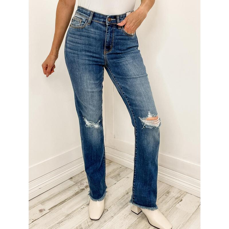 The Madison High Waist Distressed Knee and Fray Hem Straight Jean