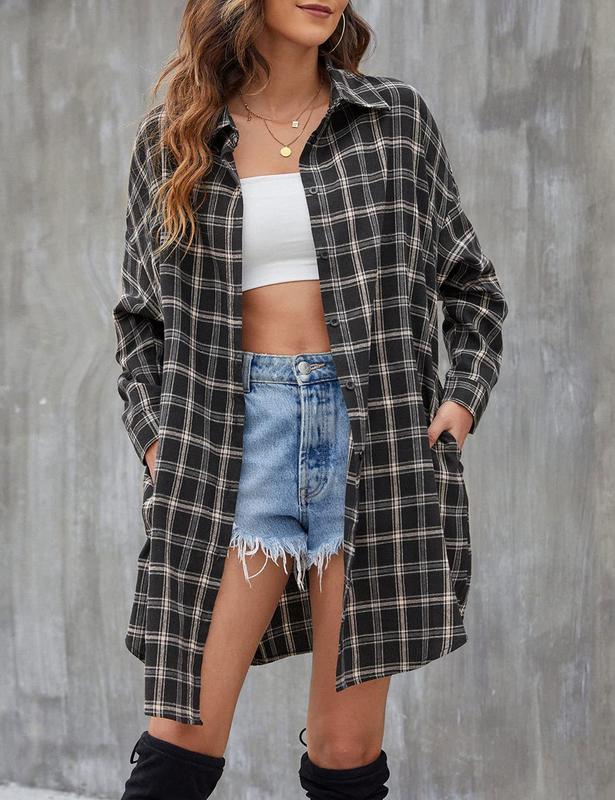 Zontroldy Women's Oversized Button Down Long Plaid Flannel Shirts Lapel Long Sleeve Check Jacket Shacket vintage tops Womenswear