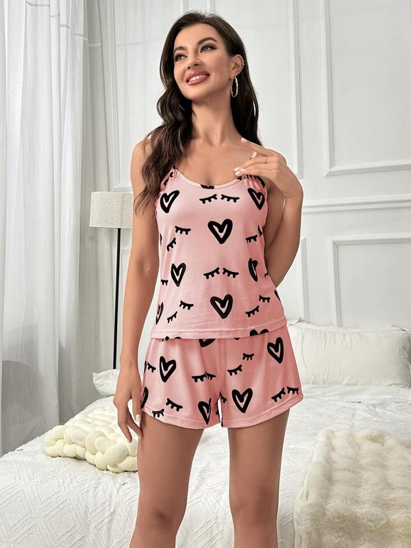 Two Pieces Women's Heart Eyelash Print Pyjama Set, Chic Cami Top & Bow Decor PJ Shorts, Summer Clothes Women, Summer Wear 2024, Women's Sleepwear Wear for Summer