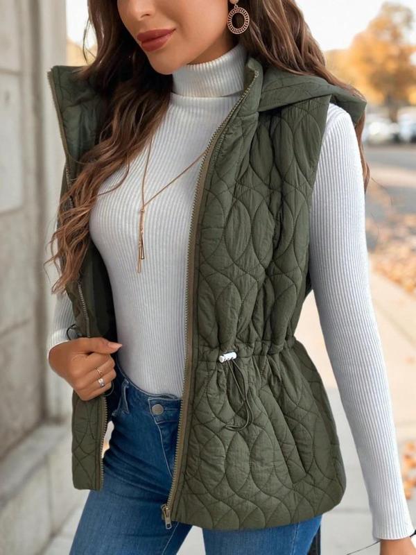 Women's Solid Drawstring Zip Up Hooded Winter Vest Coat, Casual Tops, Pocket Sleeveless Outerwear for Winter, Fashion Cozy Women's Clothes for Daily Wear