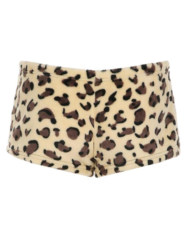 Women's Leopard Print Tie Front Plush Shorts, Casual Comfy Shorts for Fall & Winter, Women's Bottoms for Daily Wear