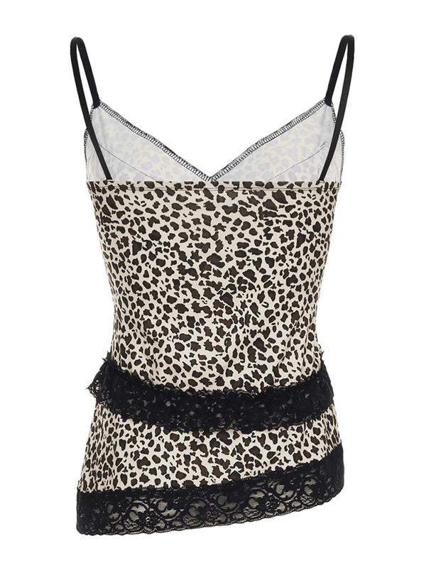 Women's Leopard Print Lace Trim Cami Top, Y2k Fashion Casual V Neck Sleeveless Top for Daily Outdoor Wear, Women Dress for Summer