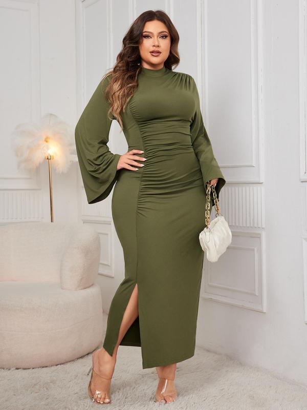  Solid Ruched Split Hem Bodycon Dress, Elegant Mock Neck Long Sleeve Dress for Party Holiday Wedding Guest, Women's Clothes for Fall & Winter