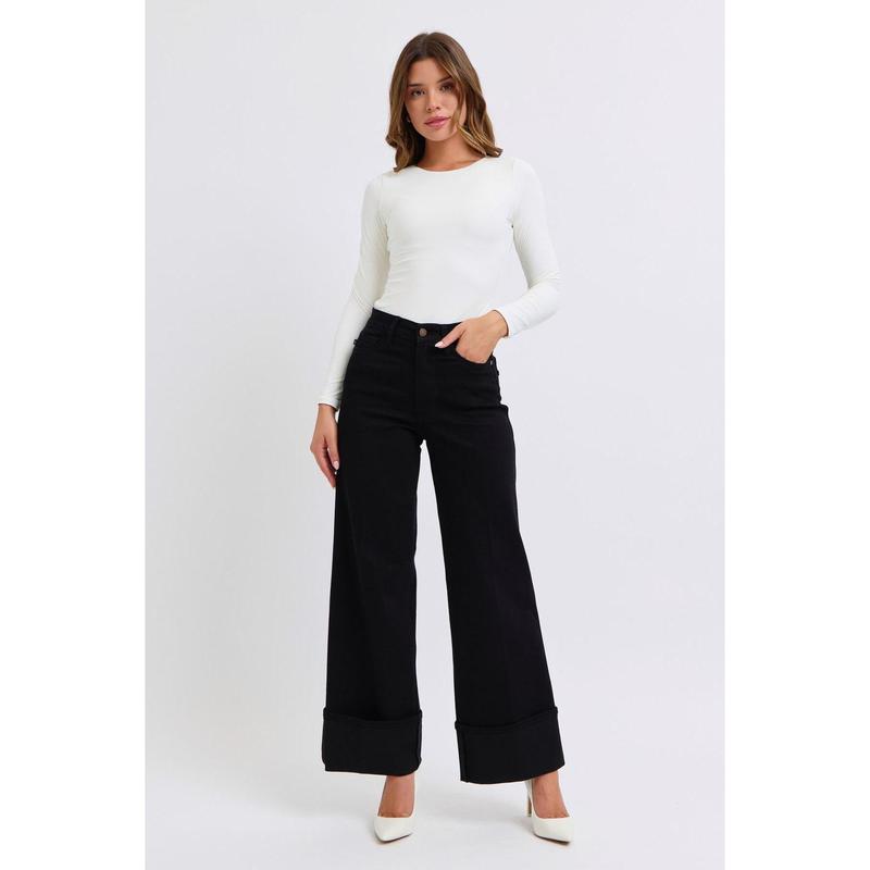 JUDY BLUE HI WAIST BLACK RETRO WIDE LEG JEANS W  CUFF