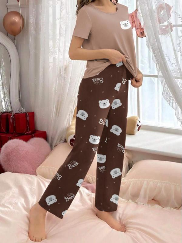 Women's 2pcs Cartoon Bear Print Tee & Elastic Waist Pants Pyjama Set, Casual Comfy Round Neck Short Sleeve T-Shirt & Pocket Trousers PJ Set, Ladies Sleepwear for All Seasons