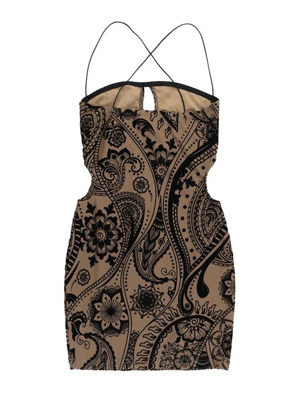 Women's Paisley Print Criss Cross Cut Out Backless Bodycon Cami Dress, Fall Outfits, Boho Spaghetti Strap Mini Dress for Beach Holiday Vacation, Ladies Fall Outfits 2024, Fall Dresses for Women, Birthday Gifts, Hoco Dresses Black Girls Casual Wear