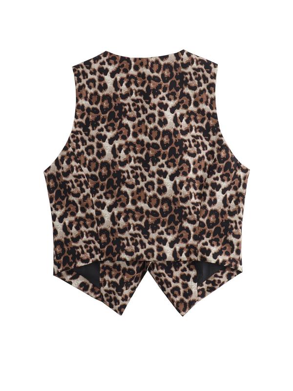 Women's Leopard Print Button Front Vest Blazer, Casual Asymmetrical Hem V Neck Sleeveless Top for Daily Wear, Ladies Clothes for All Seasons