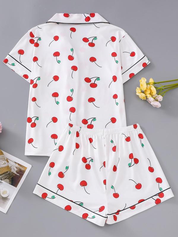 2 Piece Set Women's All Over Cherry Print Lapel Collar Pocket Shirt & Elastic Waist Shorts Pyjama Set, Casual Comfortable Contrast Binding Button Front Top & Shorts Pj Set, Pajama Sets Women, Ladies Sleepwear for Summer